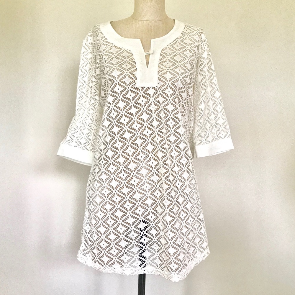 Solitaire Swim White Knit White Cover Up Top LG